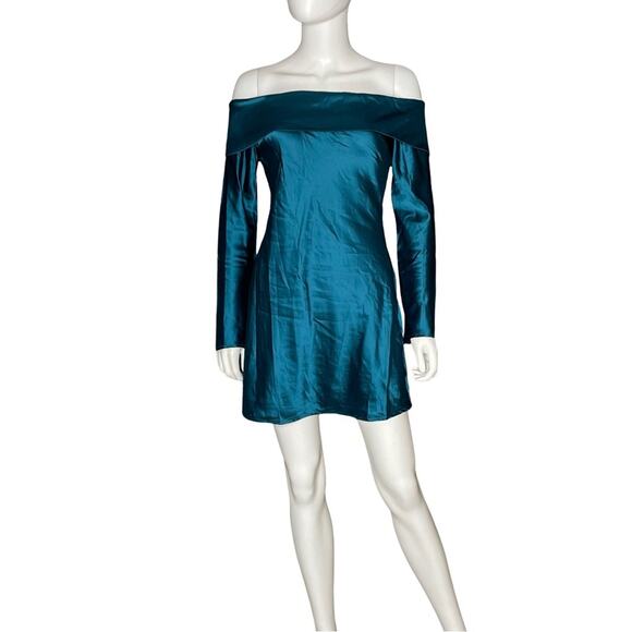 Lulus Luxurious Vision Teal Satin Off-the-Shoulder Mini Dress Women’s Sz S - Picture 2 of 10